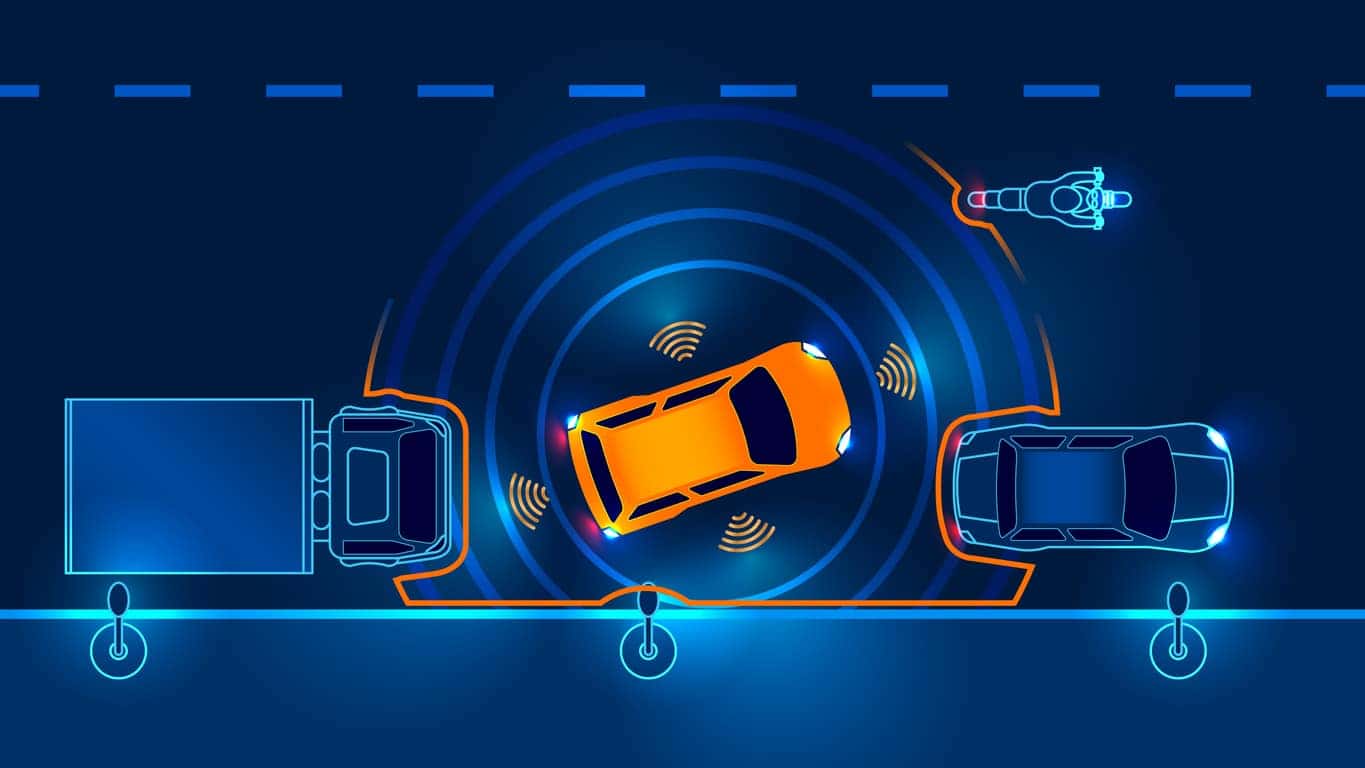 A diagram showing a car's sensors while parking in a tight space. 