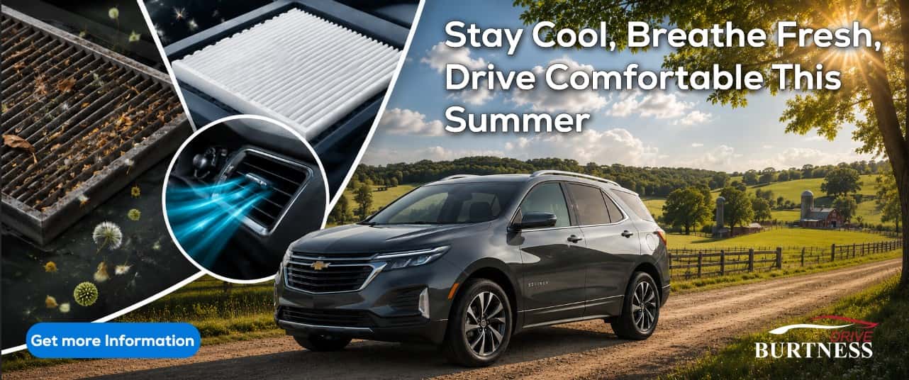 Chevrolet Equinox air conditioning inspection, cabin air filter replacement, and engine air filter service before summer driving in Wisconsin.