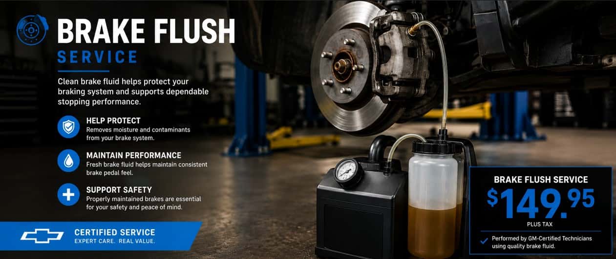 A close-up of a vehicle’s brake rotor and caliper being serviced with a brake fluid flush machine in a professional automotive repair shop.