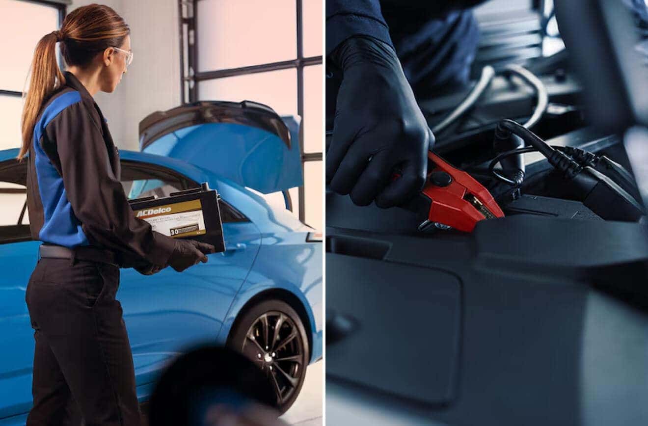 A service tehnician replacing a car's battery