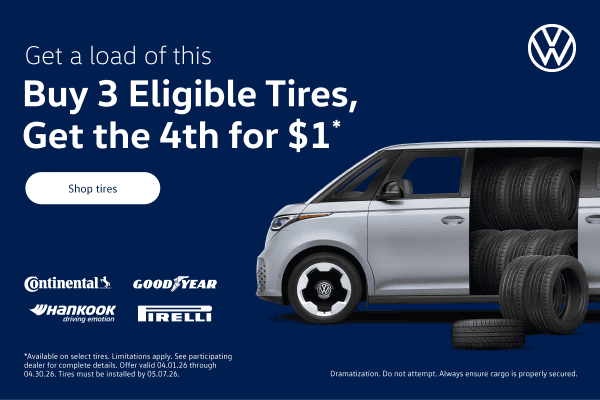 Volkswagen promotional banner: Buy 3 eligible tires and get the 4th for $1. Featuring Continental, Goodyear, Hankook, and Pirelli brands. Valid April 1–30, 2026.