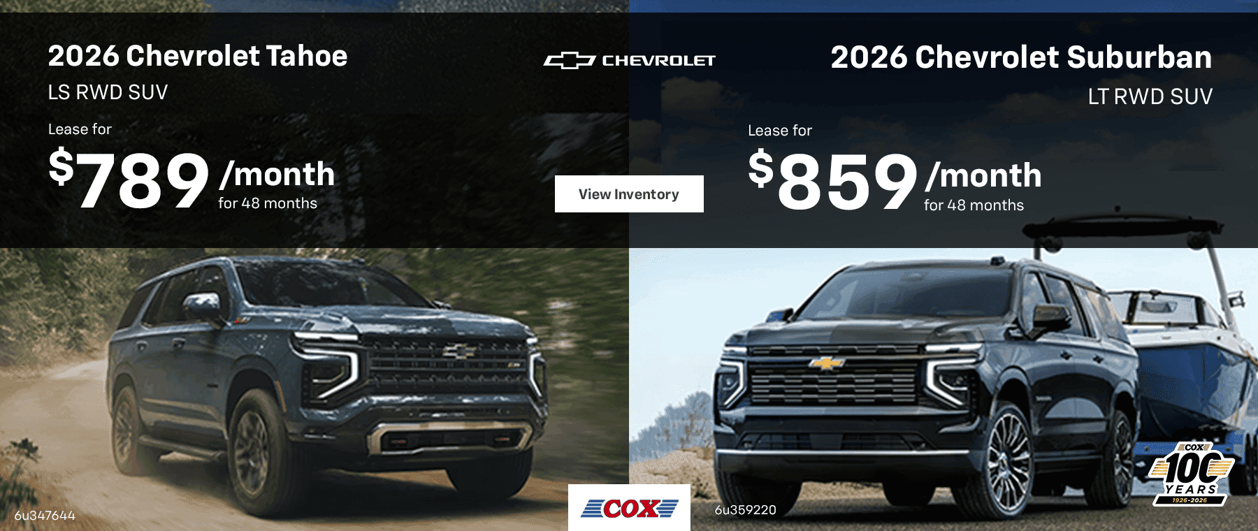 2026 Chevrolet Suburban LT RWD SUV Lease for $859/mo for 48 months 2026 Chevrolet Tahoe LS RWD SUV Lease for $789/mo for 48 months