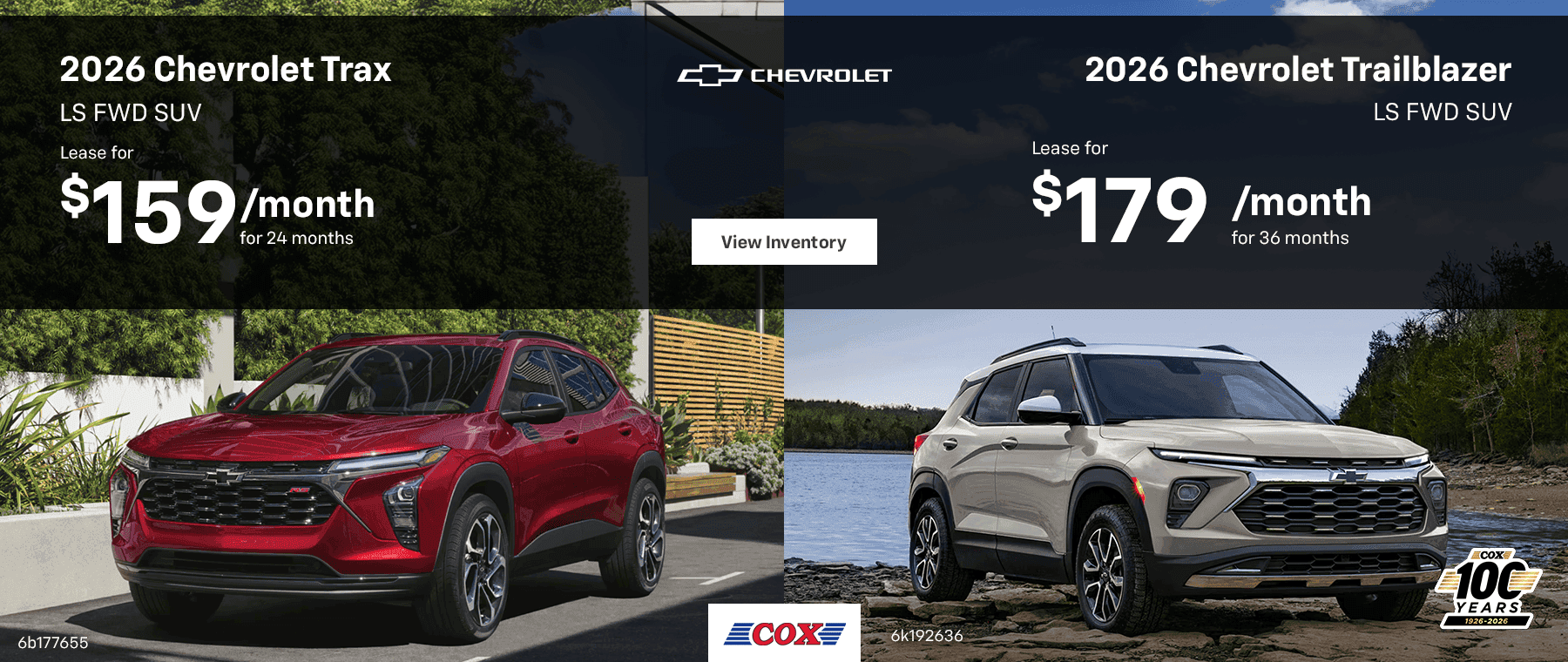 2026 Chevrolet Trax LS FWD SUV Lease for $159/mo for 24 months 2026 Chevrolet Trailblazer LS FWD SUV Lease for $179/mo for 36 months Finance at 3.9%