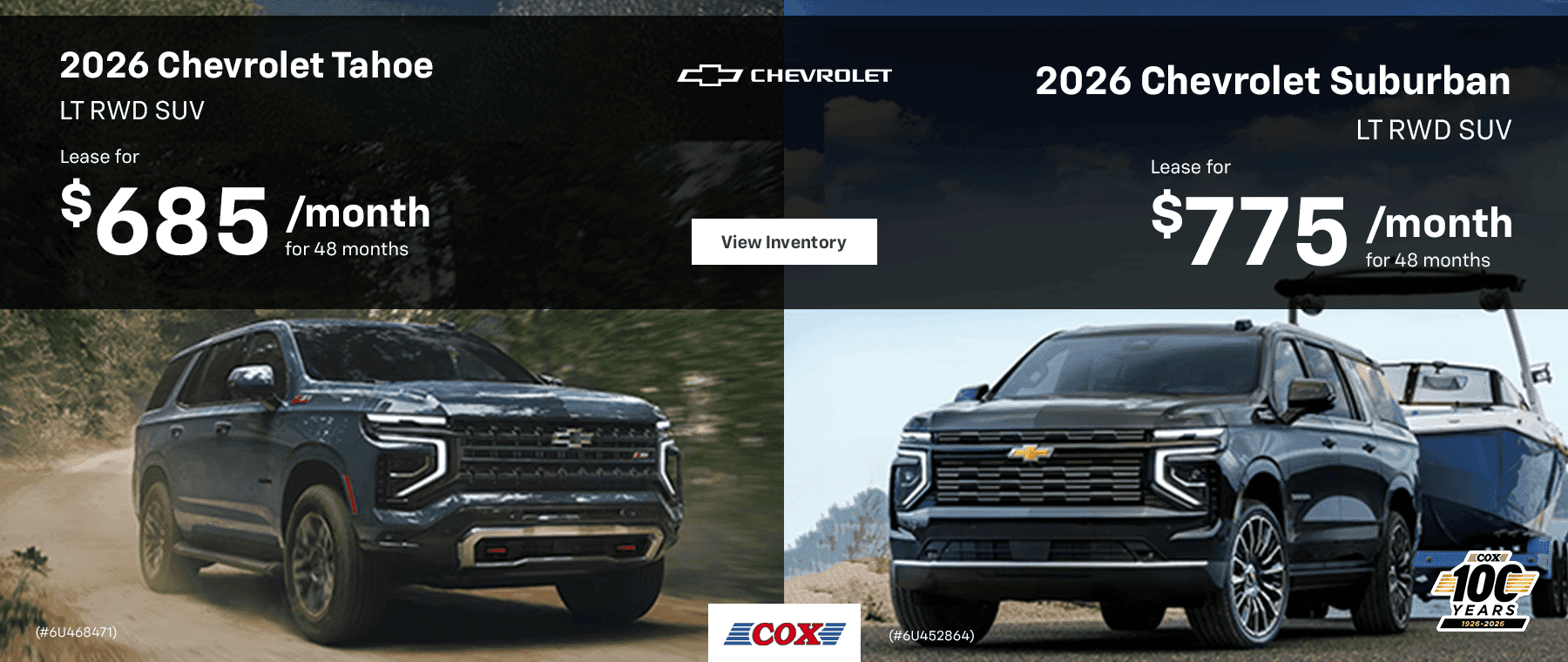2026 Chevrolet Suburban LT RWD SUV Lease for $775/mo for 48 months 2026 Chevrolet Tahoe LT RWD SUV Lease for $685/mo for 48 months
