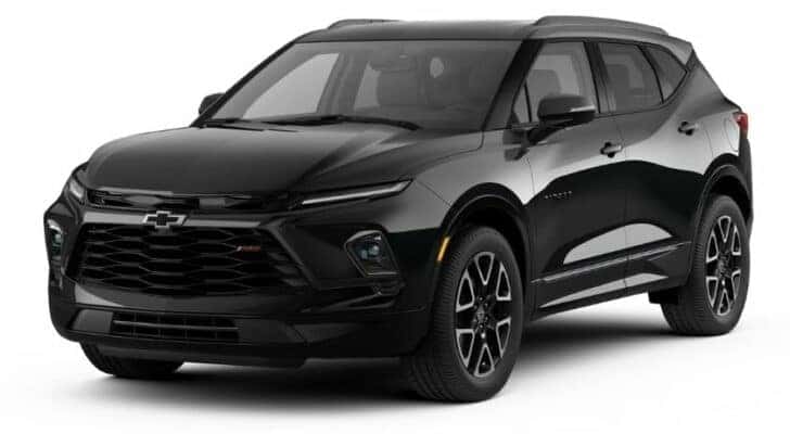 A black 2023 Chevy Blazer RS is angled left.