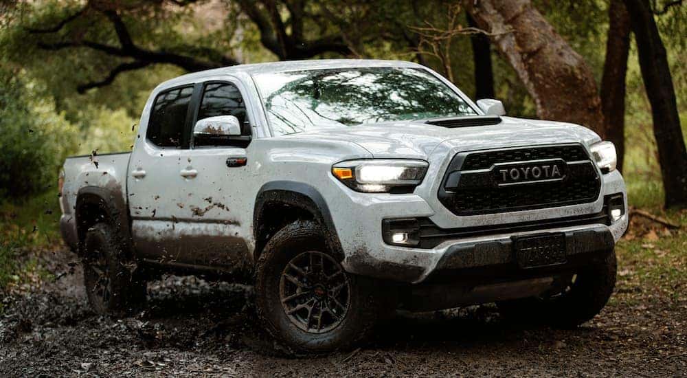 A white 2018 Toyota Tacoma kicking up mud while driving through the forest.