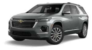 A silver 2023 Chevy Traverse Premier is angled left.