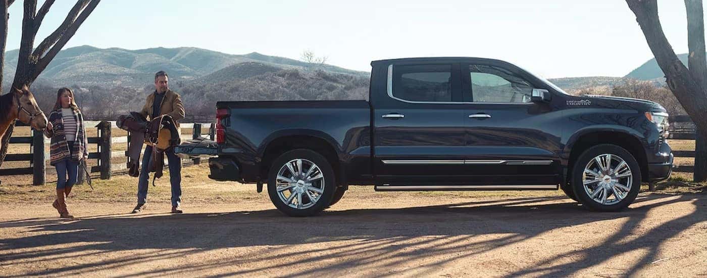 A black 2024 Chevy Silverado 1500 High Country is shown parked near a horse.