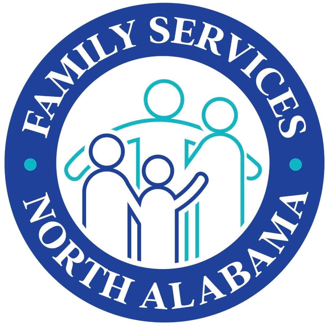 Family Services of North Alabama logo blue and white circle with a family embracing in the middle