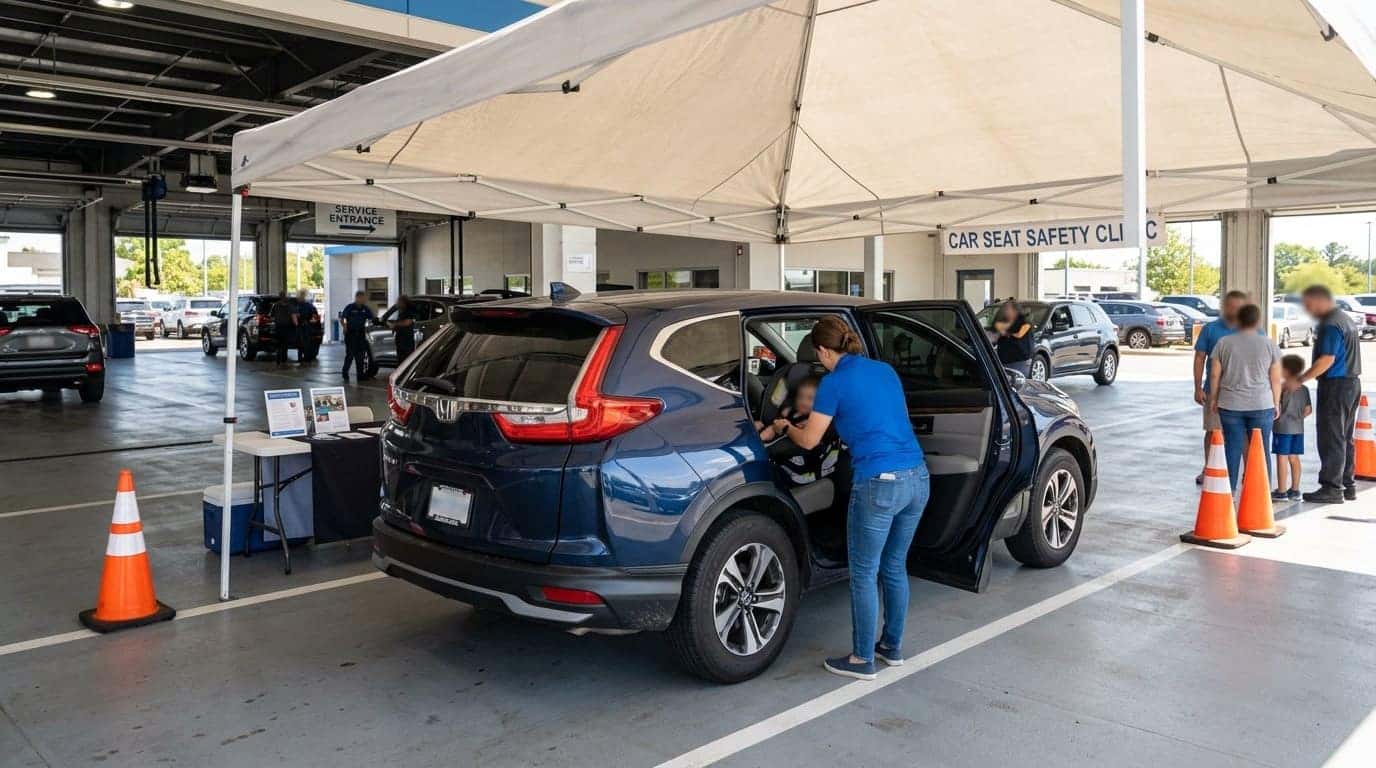A realistic photograph of a family SUV parked under a canopy tent in a dealership service drive during a community safety clinic, a child safety seat being secured in the second row, orange cones and folding tables nearby, sunny late-morning light, wide 16:9 composition. No text, no logos other than natural vehicle badging, no identifiable faces. (Representative image for illustration purposes only. Actual vehicle may vary based on trim and configuration.)