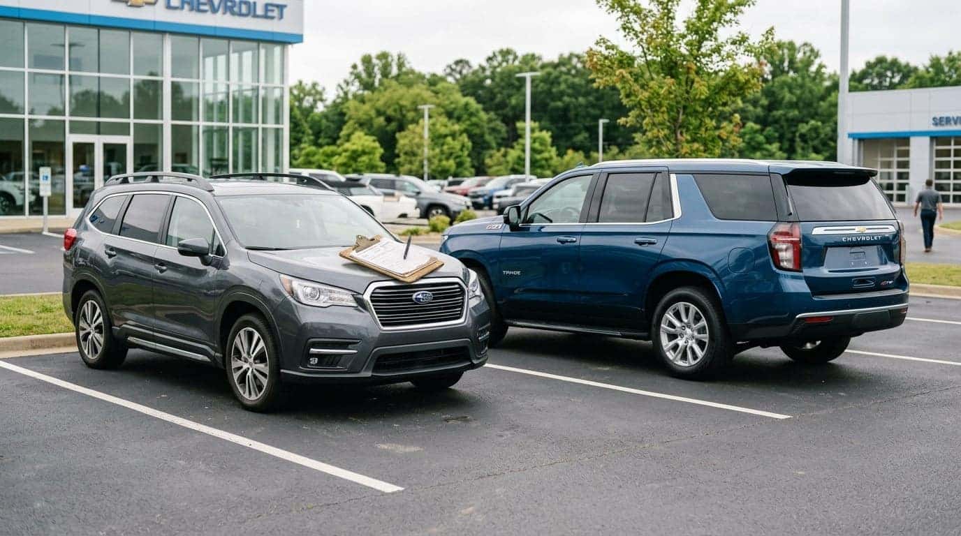 A realistic photograph of a well-kept late-model SUV parked on a clean dealership lot next to a new full-size Chevrolet SUV, a trade appraisal clipboard resting on the fender, bright overcast north Alabama morning light, wide 16:9 composition. No text, no logos other than natural vehicle badging, no identifiable faces. (Representative image for illustration purposes only. Actual vehicle may vary based on trim and configuration.)