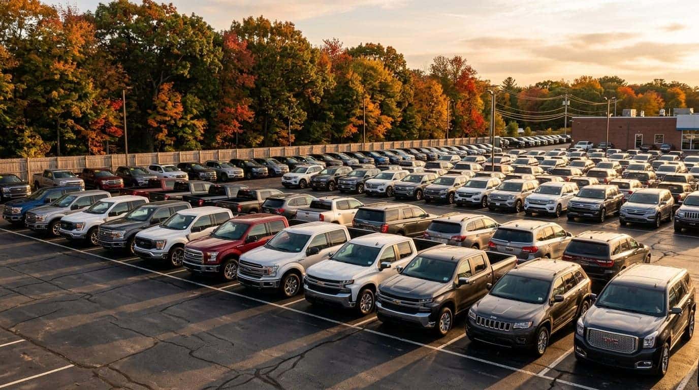 A realistic photograph of rows of new pickup trucks and SUVs lined up on a dealership lot at golden hour, autumn hardwood trees along the back fence, long shadows across the pavement, wide 16:9 composition. No text, no logos other than natural vehicle badging, no identifiable faces. (Representative image for illustration purposes only. Actual vehicle may vary based on trim and configuration.)