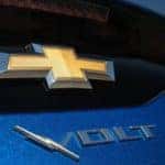 Close up of "Volt" logo and "Chevrolet" logo on the back of a blue 2016 Chevrolet Volt