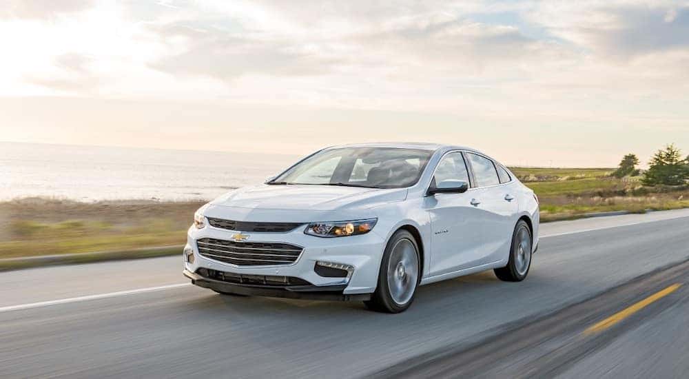 White 2016 Chevrolet Malibu driving down a paved road