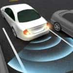 Cartoon of a white car with blue lights coming out of the back to represent rear back-up assist