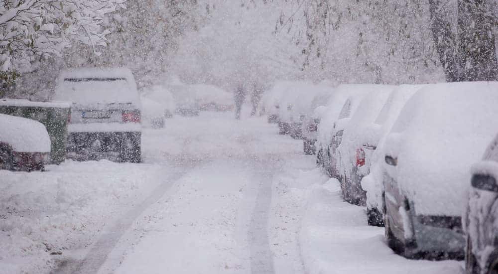 Cars covered in snow and parallel parked on the sides of a snowy road