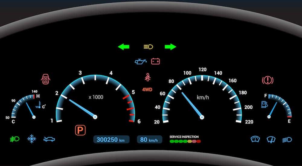 Dashboard of a vehicle with many warning lights lit up