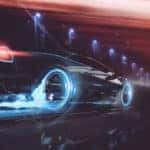 Dark sporty car with a glowing blue outline driving fast down a dark road