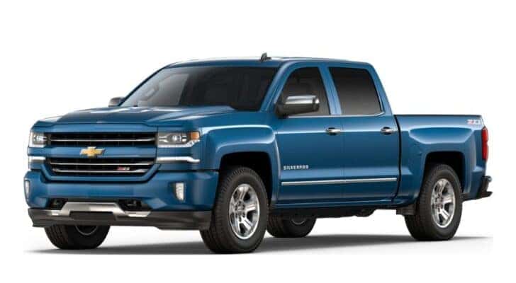 A blue 2017 Chevy Silverado 1500 is angled left.