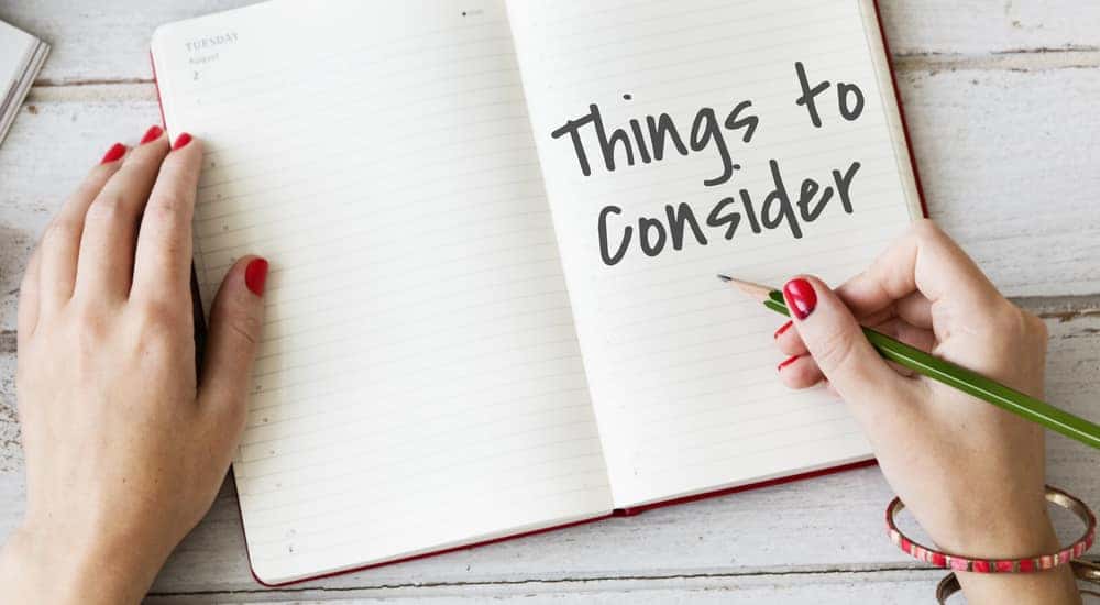 White pages in a notebook with "Things to Consider" written on one of the pages