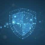 Blue, glowing shield in front of a dark background