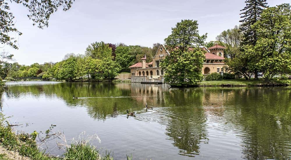Pond, trees, and a building across the pond in Washington Park