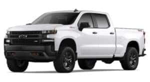A white 2019 Chevy Silverado 1500 Z71 Trailboss is angled left,