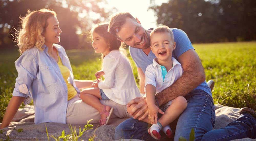 Laughing family sitting on a blanket in a field on a sunny day