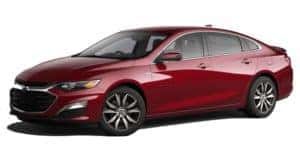 A red 2020 Chevy Malibu is facing left.