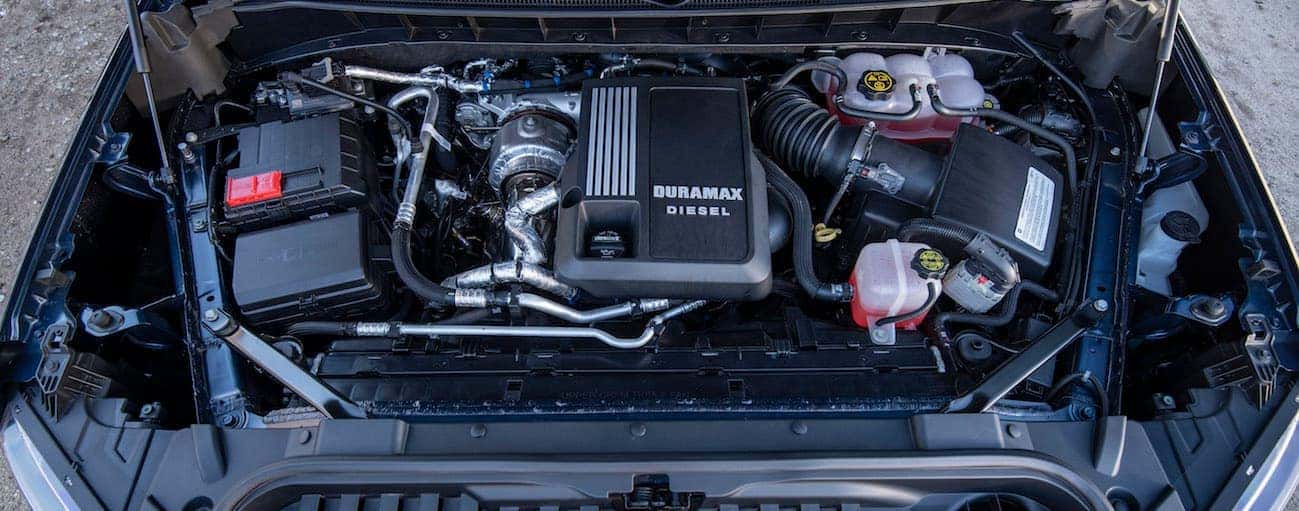 The engine bay of a 2020 Chevy Silverado 1500 with the all-new 3.0L Duramax diesel engine is shown.