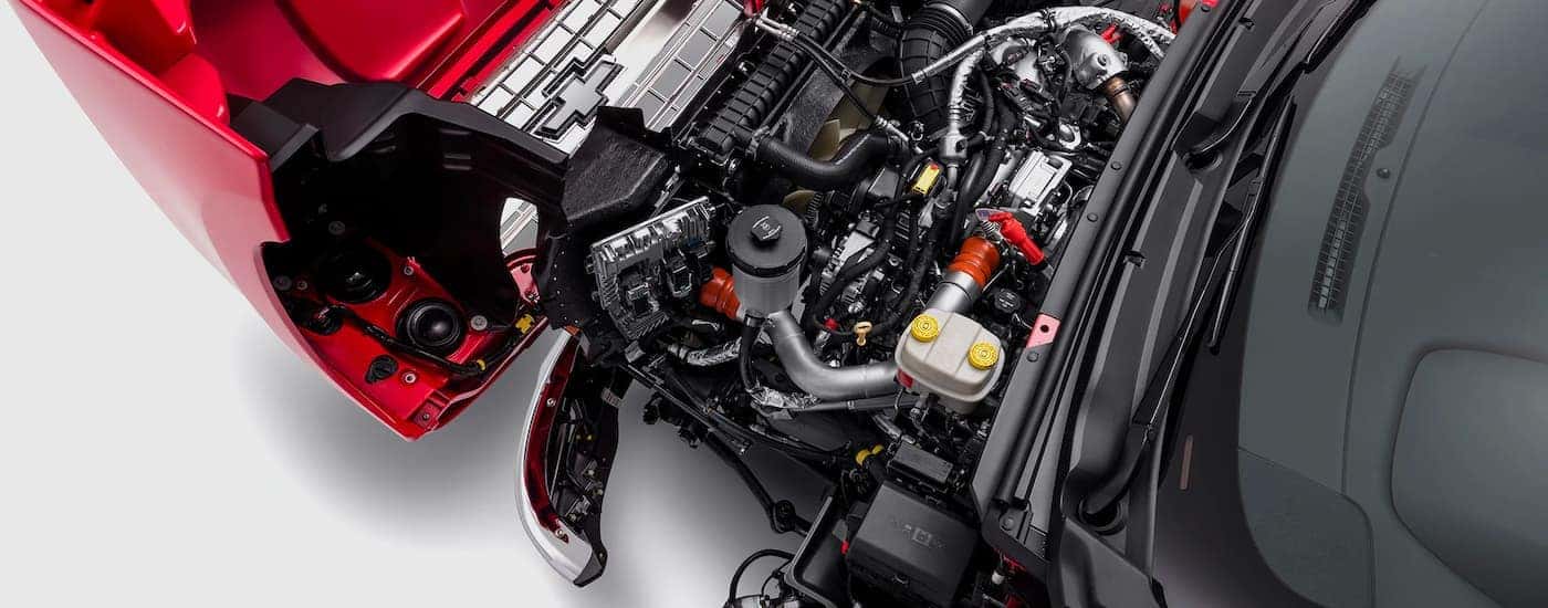 A close up is shown of the engine on a 2021 Chevy Silverado 5500 HD.