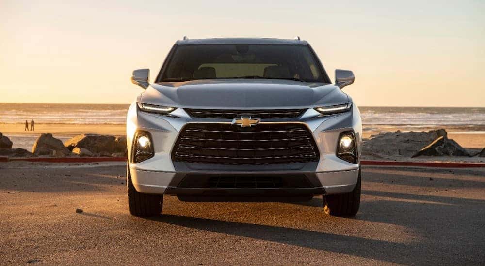 Front view of a 2019 Chevrolet Blazer parked in front of the ocean