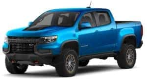 A blue 2021 Chevy Colorado ZR2 is angled left on a white background.