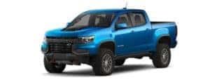 A blue 2021 Chevy Colorado ZR2 is facing left.