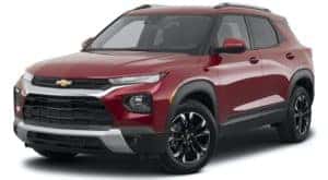 A brown and white 2021 Chevy Trailblazer is facing left.
