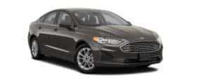 A black 2020 Ford Fusion is angled right.