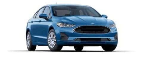 A blue 2020 Ford Fusion is angled right.