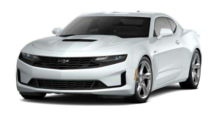 A white 2021 Chevy Camaro 1LT is angled left.