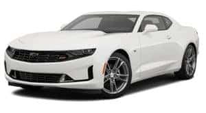A white 2021 Chevy Camaro LT is angled left.
