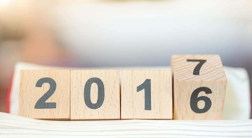 Wooden number blocks that say "2016" turning to say "2017"