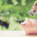 Hand putting a folded one-hundred dollar bill into a pink and white piggybank that is sitting on a brown table in front of trees