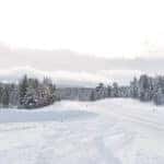 Long road covered in snow, surrounded by snow-covered trees