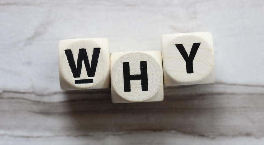 Three white letter die that spell out "WHY" on a grey table