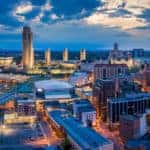 Albany, New York skyline lit up at dusk