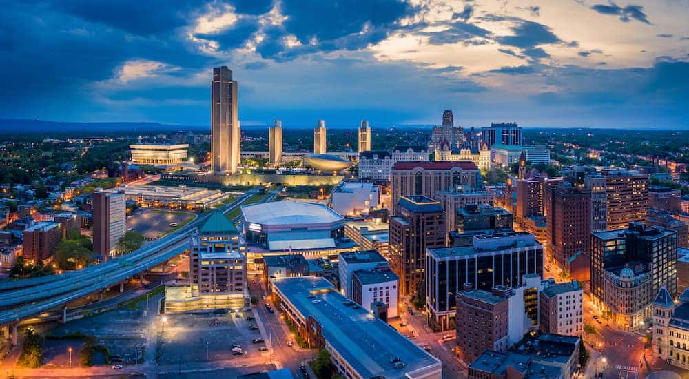 Albany, New York skyline lit up at dusk