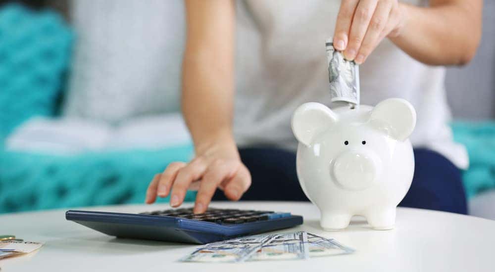 Hands holding cash and using a calculator on a white table next to a white piggybank