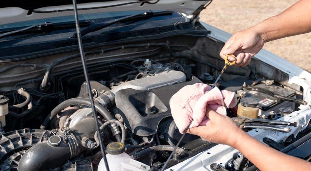 Person checking the oil under the open hood of a vehicle