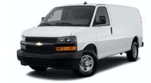 A white 2021 Chevy Express is angled left.