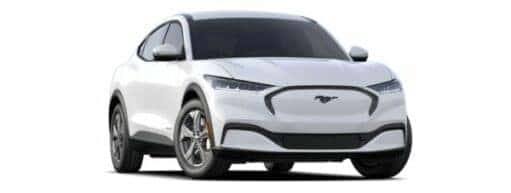 A white 2021 Ford Mustang Mach-E Select is angled right.