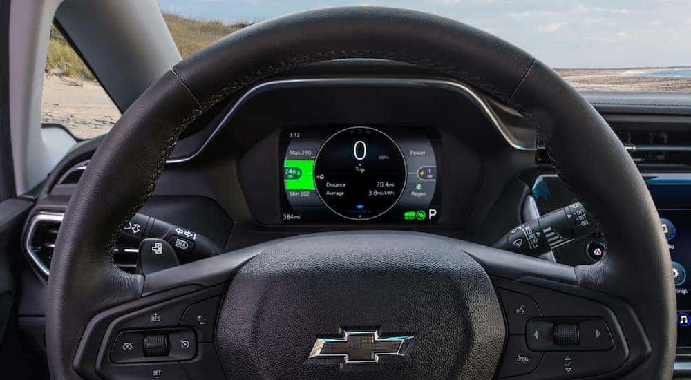 The interior of a 2022 Chevy Bolt EV shows the steering wheel.